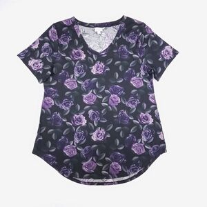 LuLaRoe Purple Rose Print V-Neck Tee Size Large